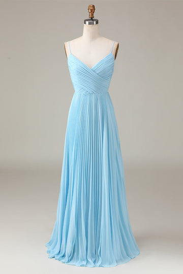 Sky Blue Spaghetti stropper V-hals A-linje plissert Chiffon brudepike kjole